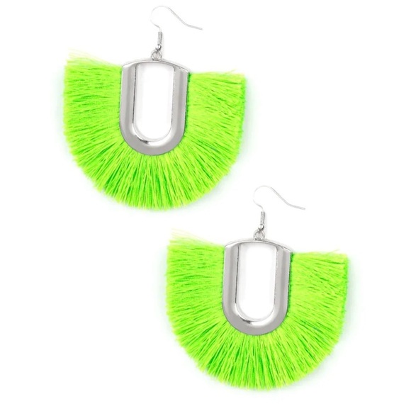 Anthropologie Jewelry - Tassel Neon Green and Silver Fringe Earrings